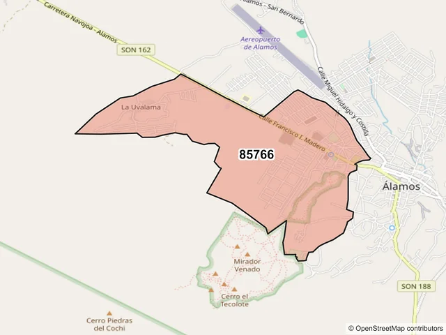 Mapa del código postal 85766, Alamos, Sonora