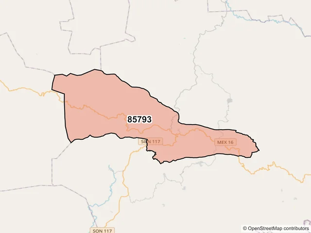 Mapa del código postal 85793, Yécora, Sonora