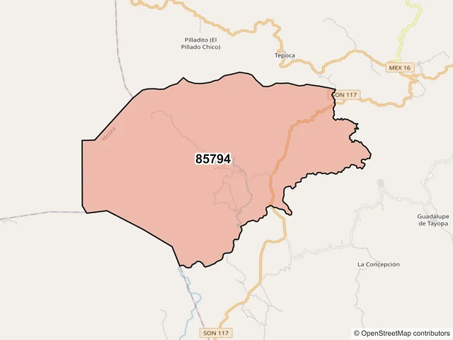 Mapa del código postal 85794, Yécora, Sonora