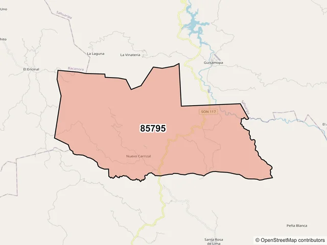 Mapa del código postal 85795, Yécora, Sonora