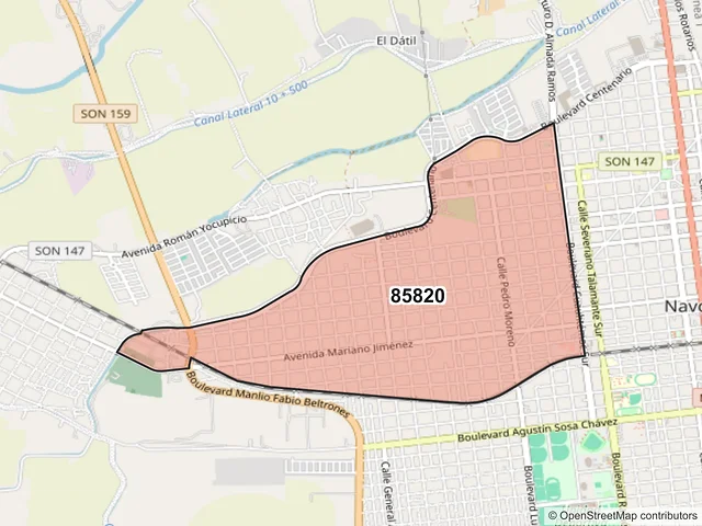 Mapa del código postal 85820, Navojoa, Sonora