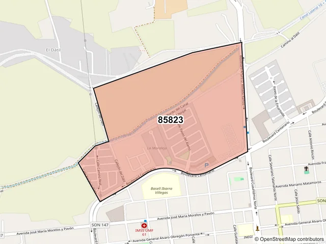 Mapa del código postal 85823, Navojoa, Sonora