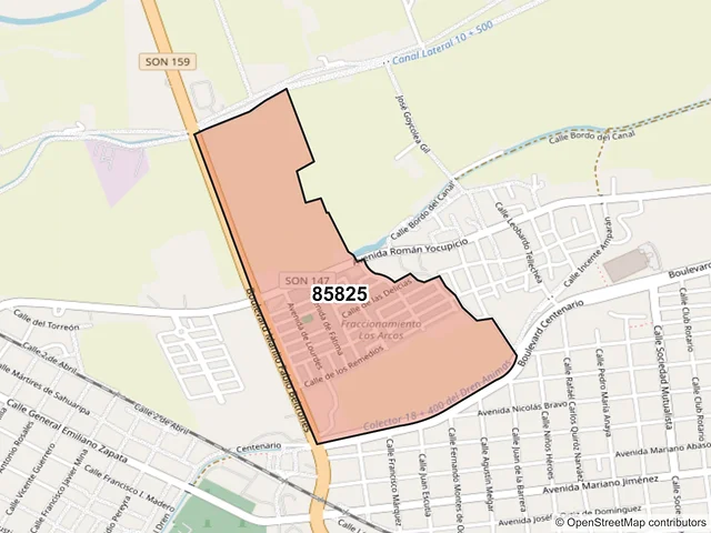 Mapa del código postal 85825, Navojoa, Sonora