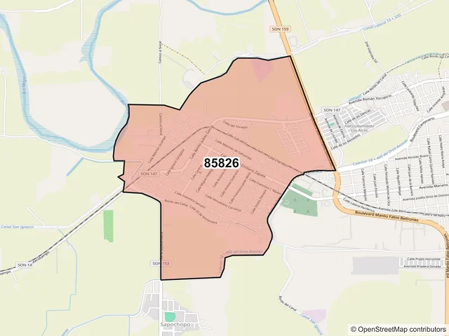 Mapa del código postal 85826, Navojoa, Sonora