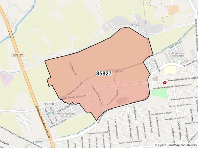 Mapa del código postal 85827, Navojoa, Sonora