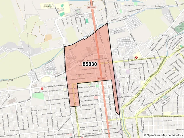 Mapa del código postal 85830, Navojoa, Sonora