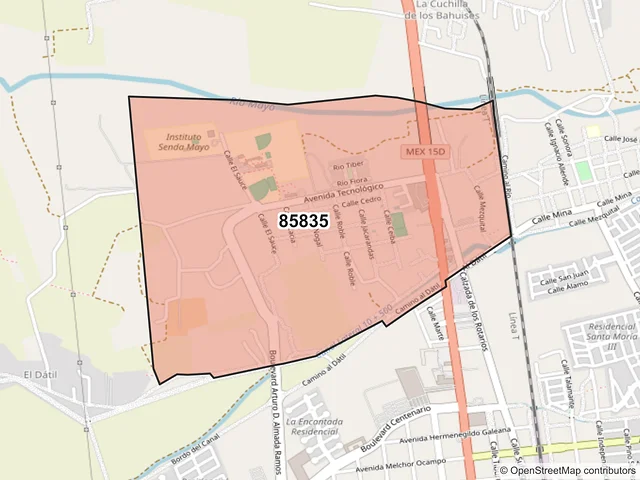 Mapa del código postal 85835, Navojoa, Sonora