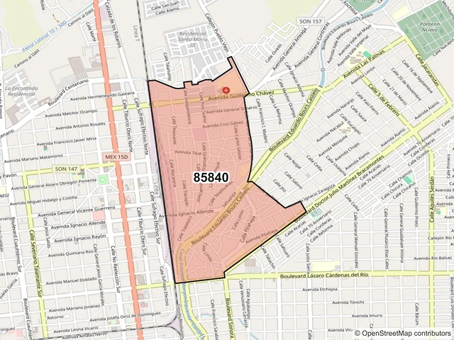 Mapa del código postal 85840, Navojoa, Sonora