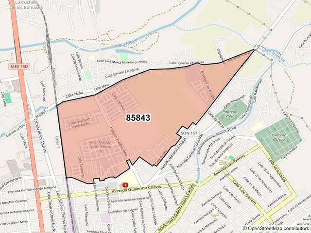 Mapa del código postal 85843, Navojoa, Sonora