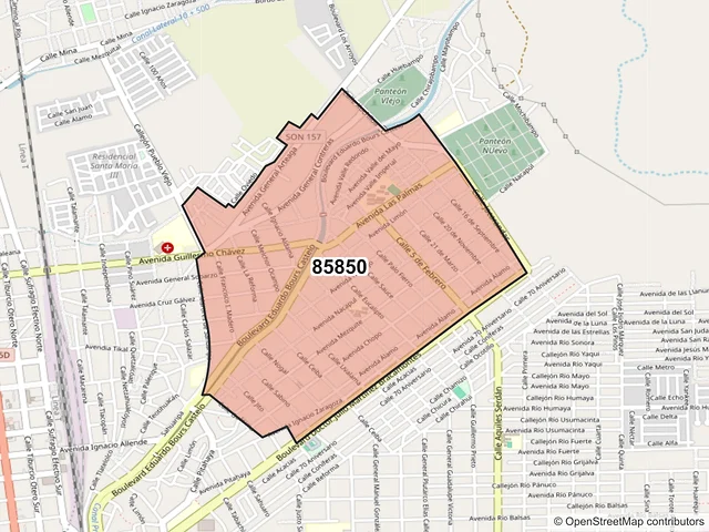 Mapa del código postal 85850, Navojoa, Sonora