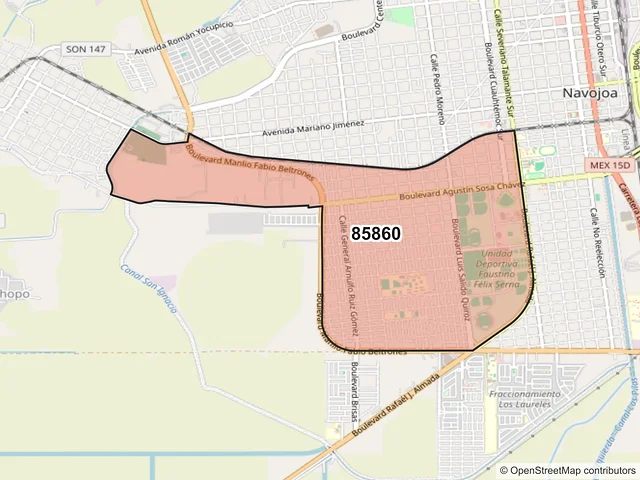 Mapa del código postal 85860, Navojoa, Sonora