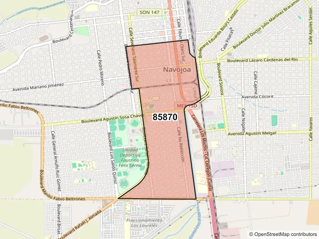 Mapa del código postal 85870, Navojoa, Sonora