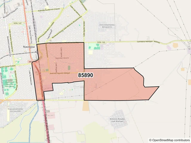 Mapa del código postal 85890, Navojoa, Sonora