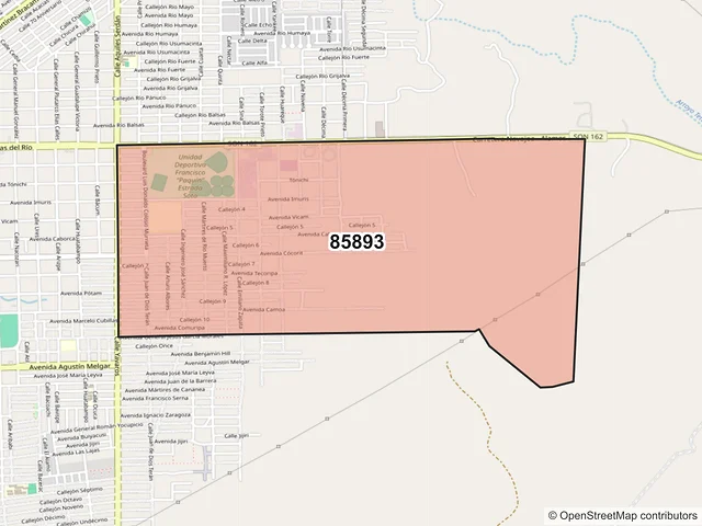 Mapa del código postal 85893, Navojoa, Sonora
