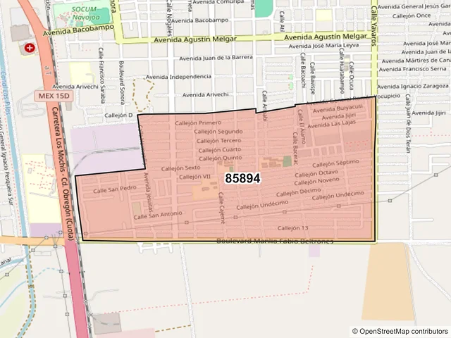 Mapa del código postal 85894, Navojoa, Sonora