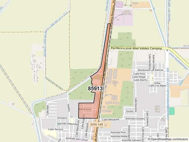 Mapa del código postal 85913, Huatabampo, Sonora