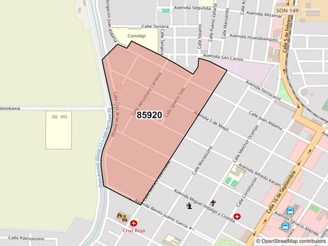 Mapa del código postal 85920, Huatabampo, Sonora