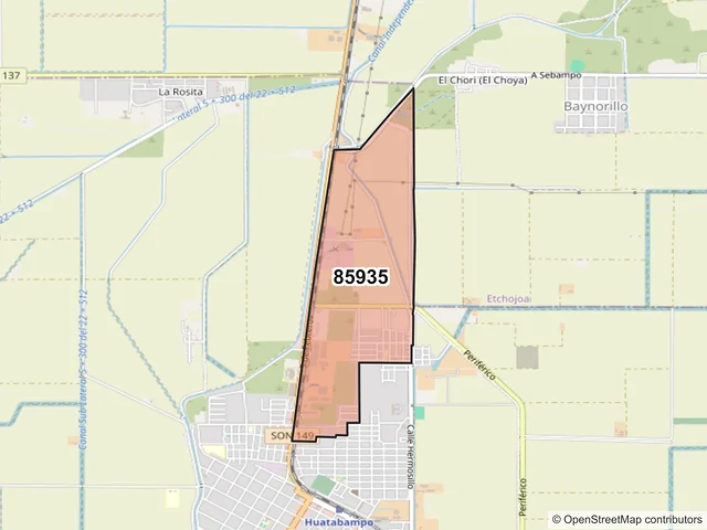 Mapa del código postal 85935, Huatabampo, Sonora