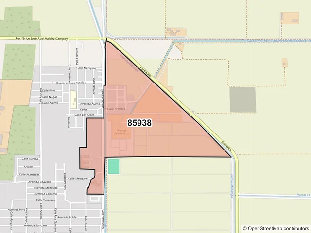Mapa del código postal 85938, Huatabampo, Sonora