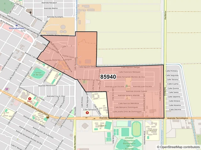 Mapa del código postal 85940, Huatabampo, Sonora
