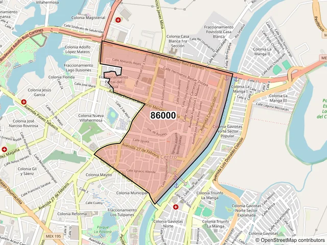 Mapa del código postal 86000, Villahermosa, Tabasco