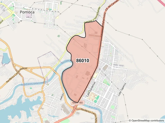 Mapa del código postal 86010, Villahermosa, Tabasco