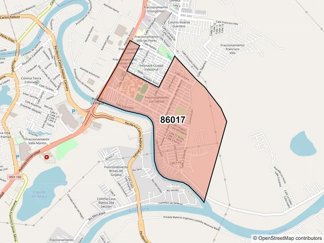 Mapa del código postal 86017, Villahermosa, Tabasco