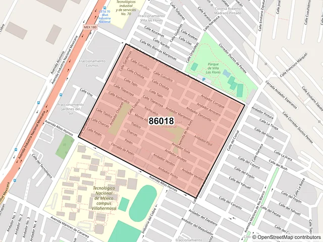 Mapa del código postal 86018, Villahermosa, Tabasco