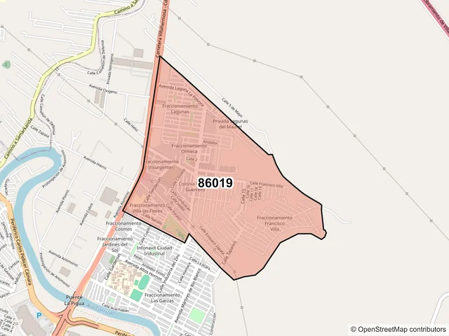 Mapa del código postal 86019, Villahermosa, Tabasco