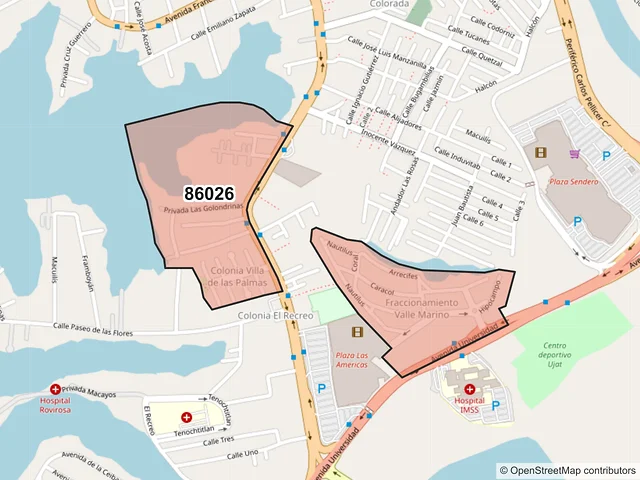 Mapa del código postal 86026, Villahermosa, Tabasco