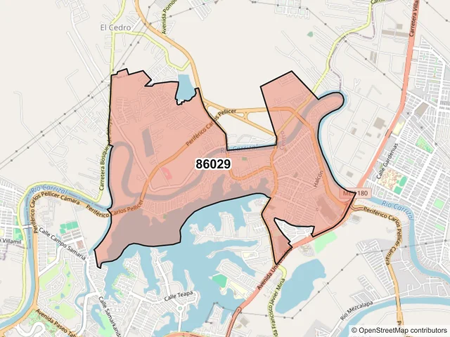 Mapa del código postal 86029, Villahermosa, Tabasco