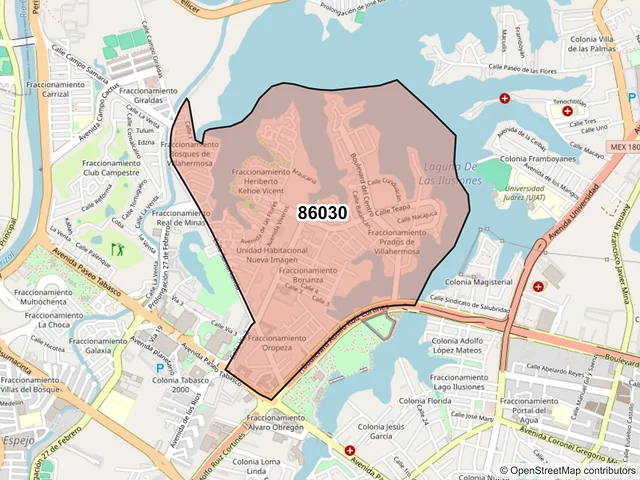 Mapa del código postal 86030, Villahermosa, Tabasco