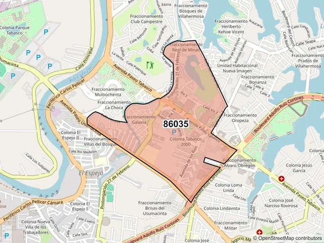 Mapa del código postal 86035, Villahermosa, Tabasco