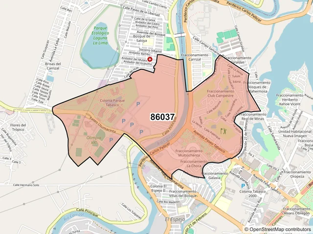 Mapa del código postal 86037, Villahermosa, Tabasco