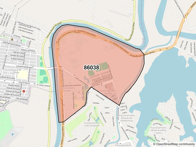 Mapa del código postal 86038, Villahermosa, Tabasco