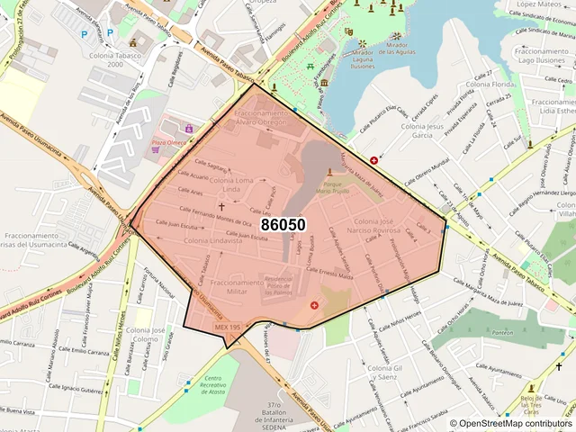 Mapa del código postal 86050, Villahermosa, Tabasco