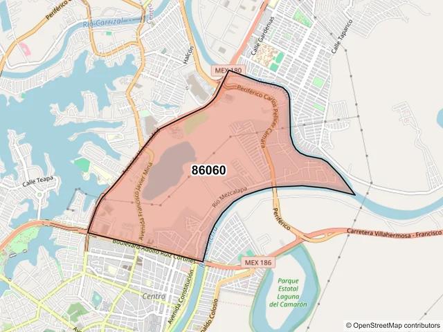 Mapa del código postal 86060, Villahermosa, Tabasco