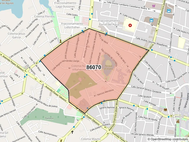Mapa del código postal 86070, Villahermosa, Tabasco