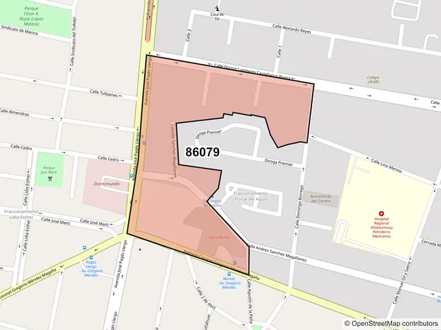 Mapa del código postal 86079, Villahermosa, Tabasco