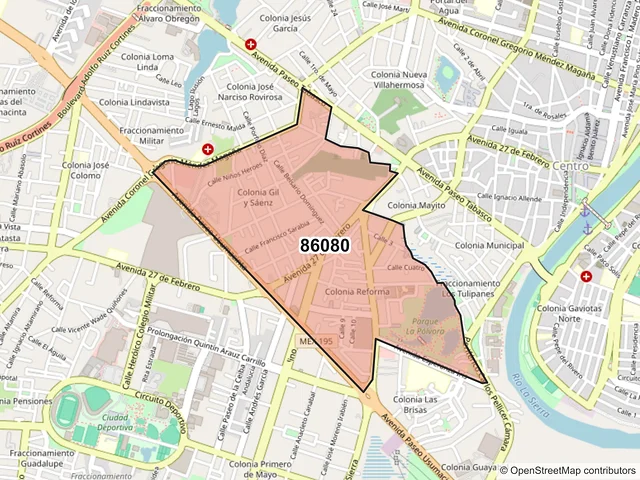 Mapa del código postal 86080, Villahermosa, Tabasco