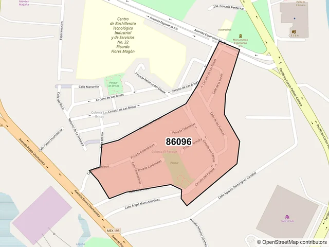 Mapa del código postal 86096, Villahermosa, Tabasco
