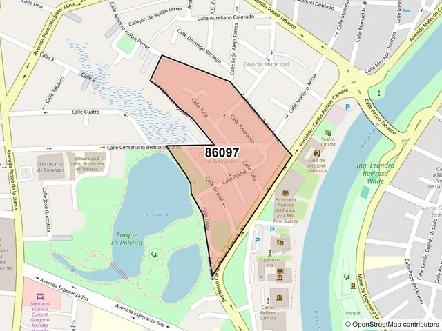 Mapa del código postal 86097, Villahermosa, Tabasco