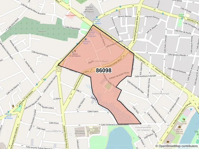 Mapa del código postal 86098, Villahermosa, Tabasco