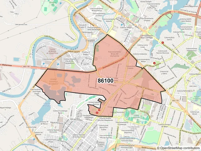 Mapa del código postal 86100, Villahermosa, Tabasco