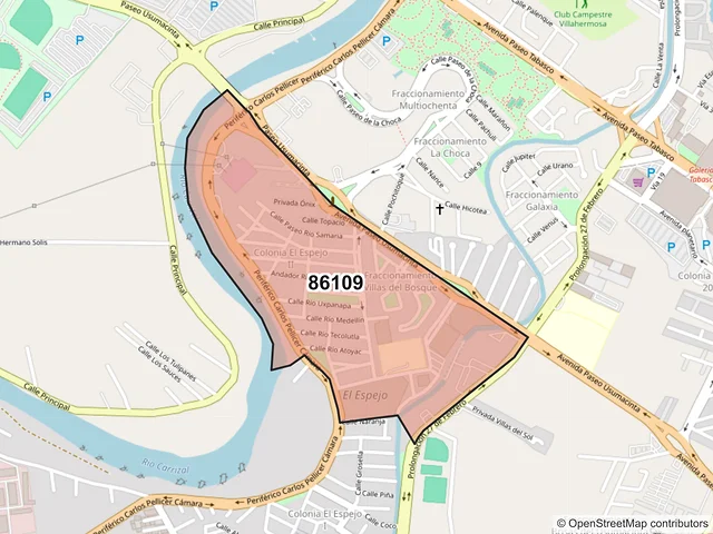 Mapa del código postal 86109, Villahermosa, Tabasco