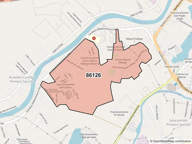 Mapa del código postal 86126, Villahermosa, Tabasco
