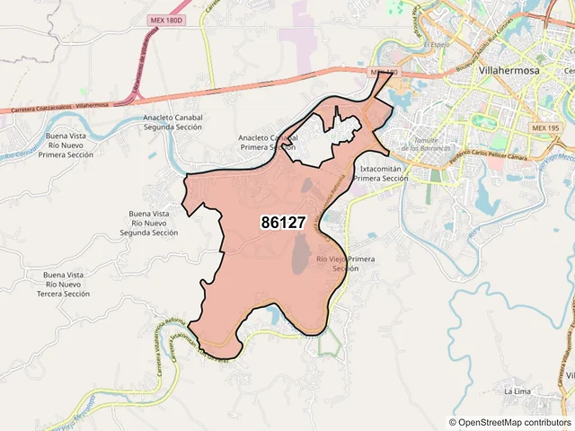 Mapa del código postal 86127, Villahermosa, Tabasco