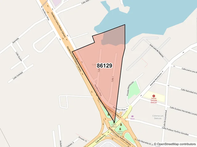 Mapa del código postal 86129, Villahermosa, Tabasco