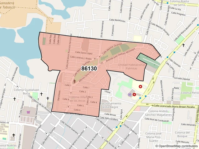 Mapa del código postal 86130, Villahermosa, Tabasco