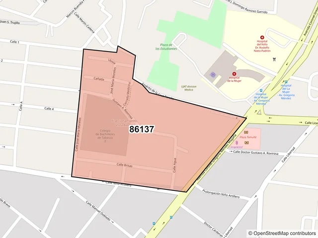 Mapa del código postal 86137, Villahermosa, Tabasco